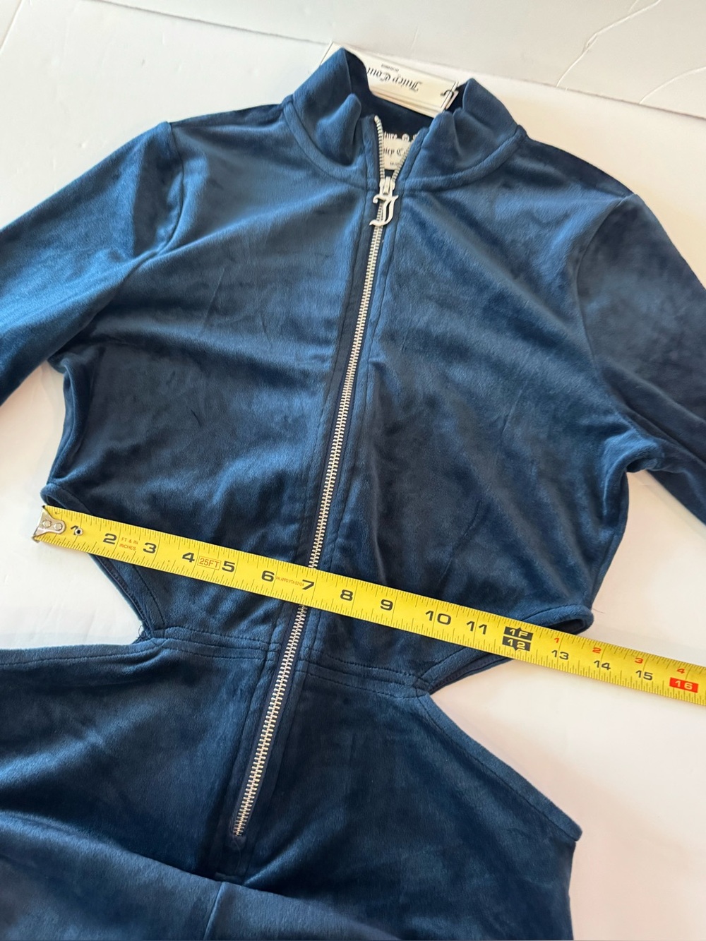 Juicy Couture Velour Cutout Jumpsuit Navy Rhinestone Logo Long Sleeves- size M - Picture 11 of 15